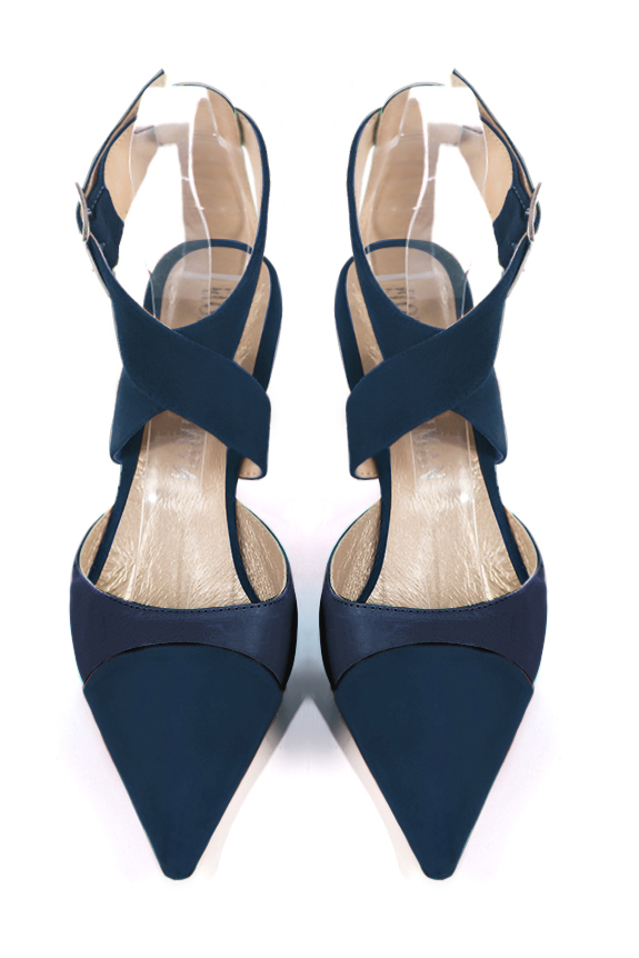 Navy blue women's open back shoes, with crossed straps. Pointed toe. High spool heels. Top view - Florence KOOIJMAN
